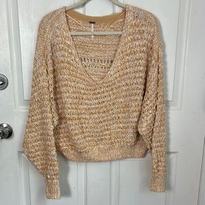 Free People Coconut Vneck sweater Sandy Combo Size XS OVERSIZED FIT Cotton Blend